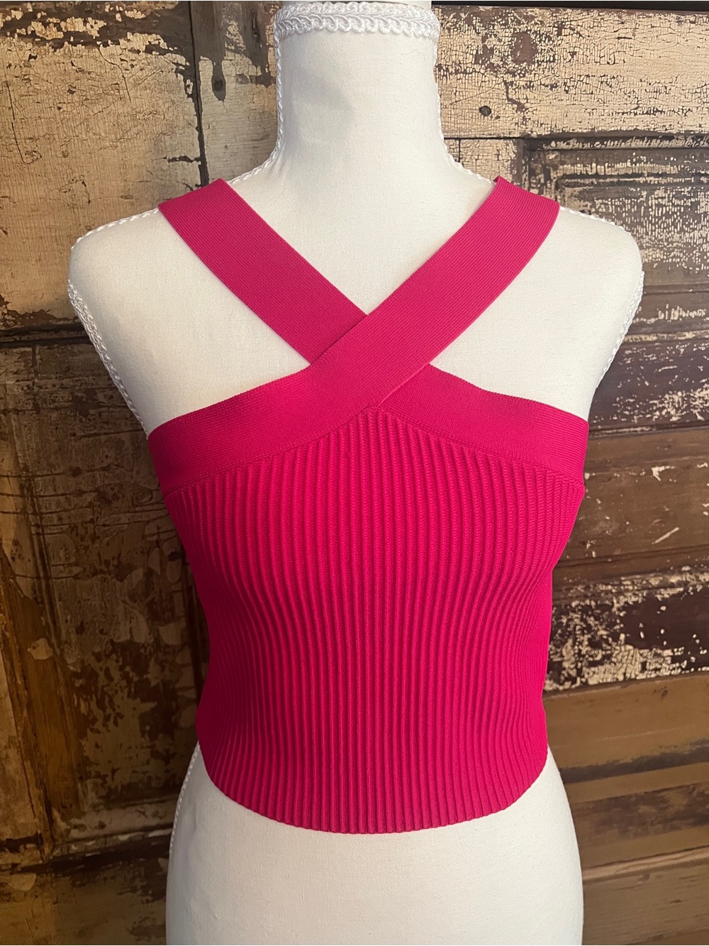 Dreamers Hot Pink Ribbed Knit Cross Front Halter Top | Size L NWOT